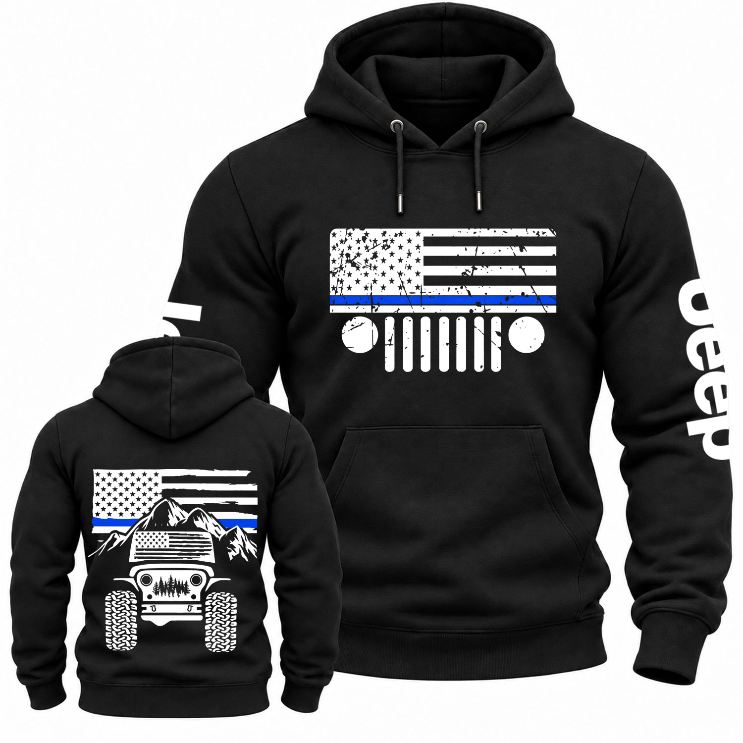 Jp American Flag Mountains Police Blue Line Cotton Hoodie