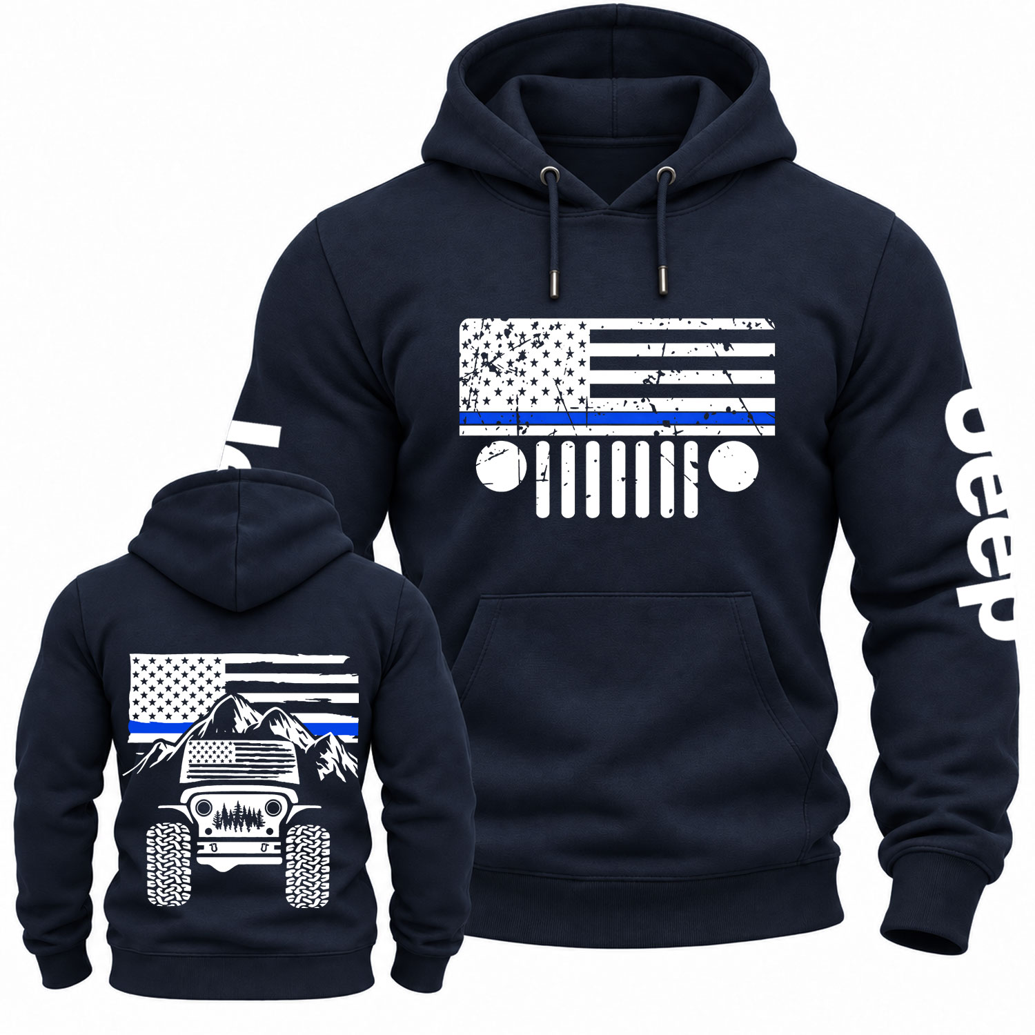 Jp American Flag Mountains Police Blue Line Cotton Hoodie