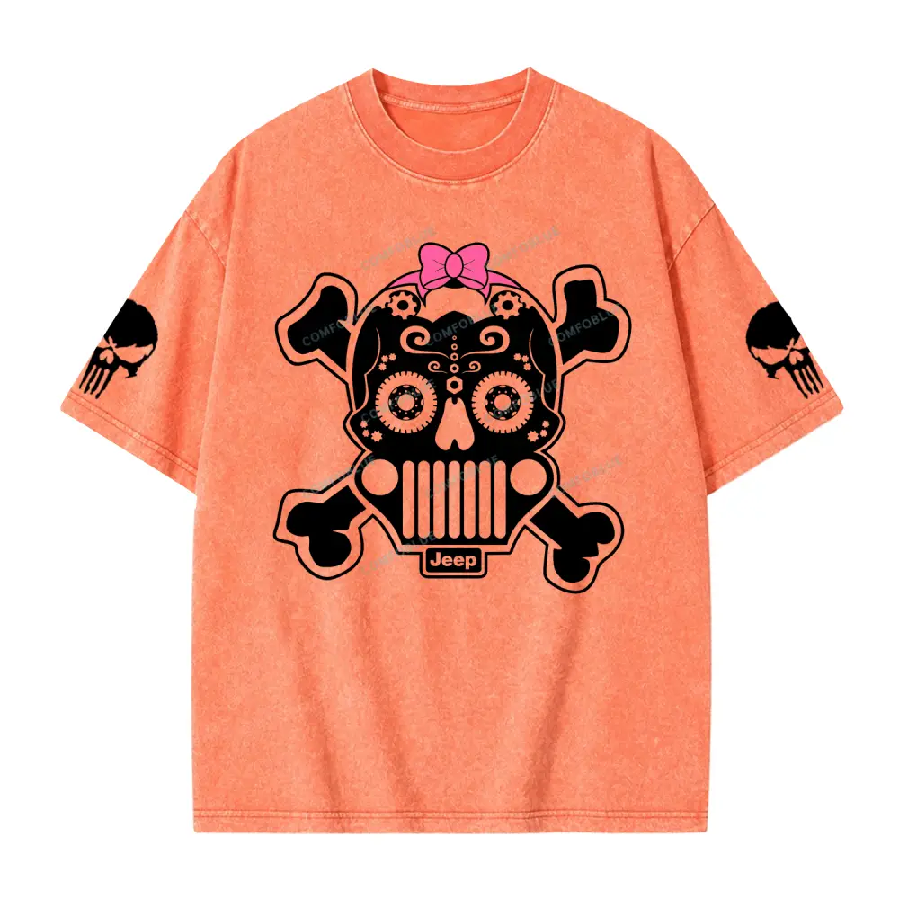 Jp Sugar Skull Pink Butterfly Bow Washed T-Shirt
