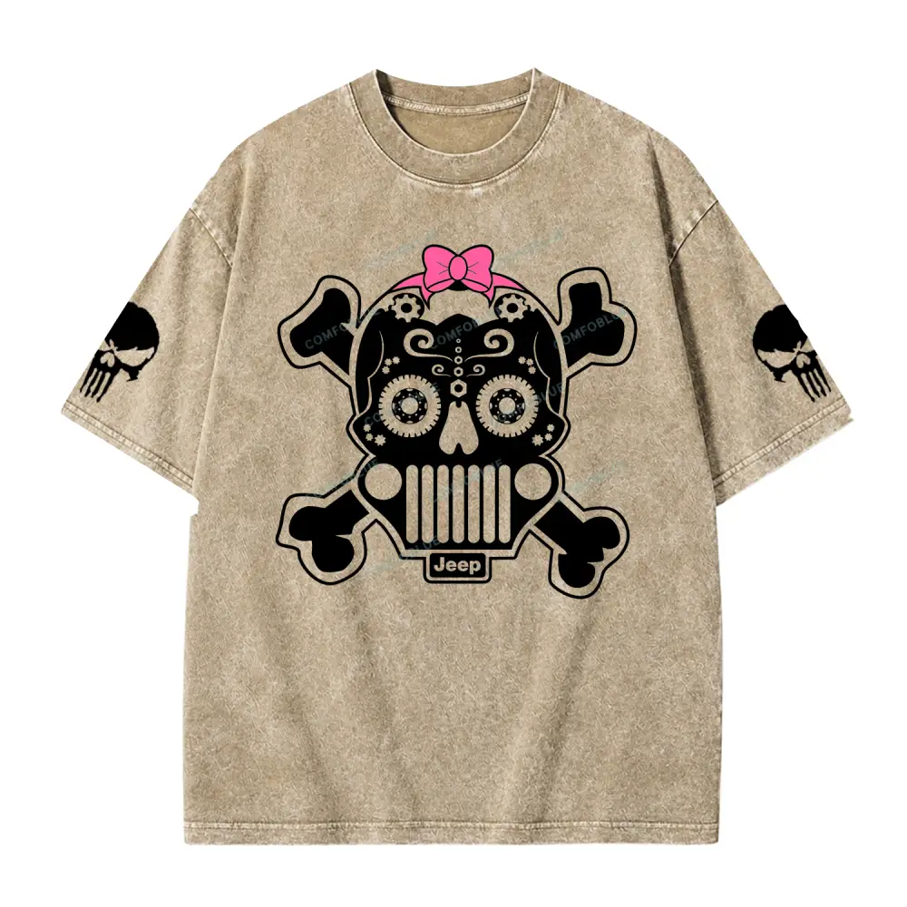 Jp Sugar Skull Pink Butterfly Bow Washed T-Shirt