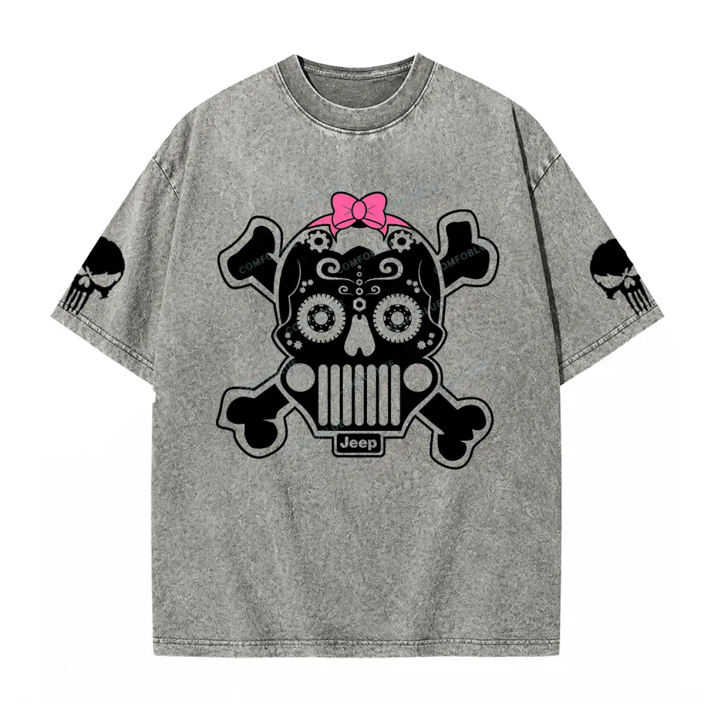 Jp Sugar Skull Pink Butterfly Bow Washed T-Shirt