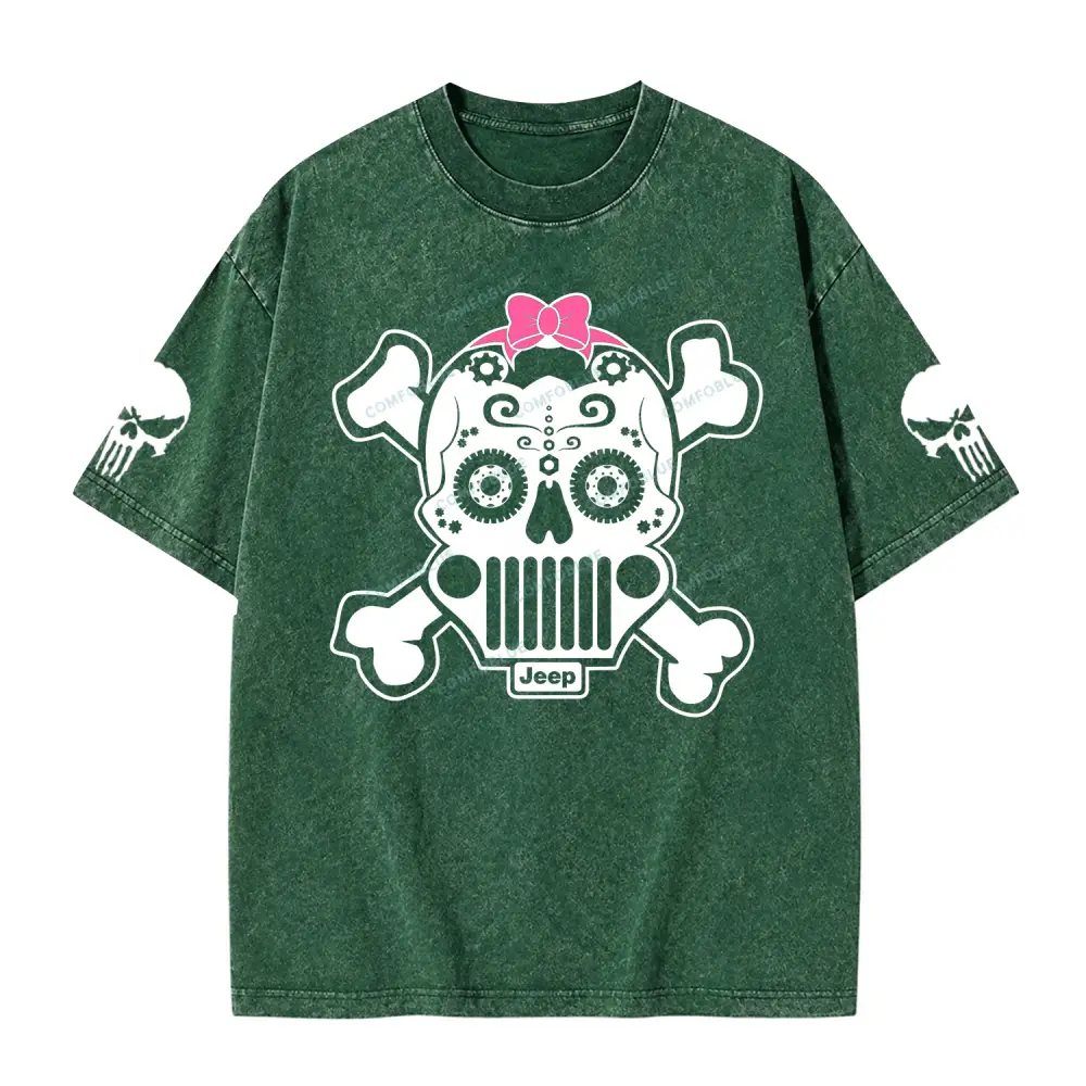 Jp Sugar Skull Pink Butterfly Bow Washed T-Shirt