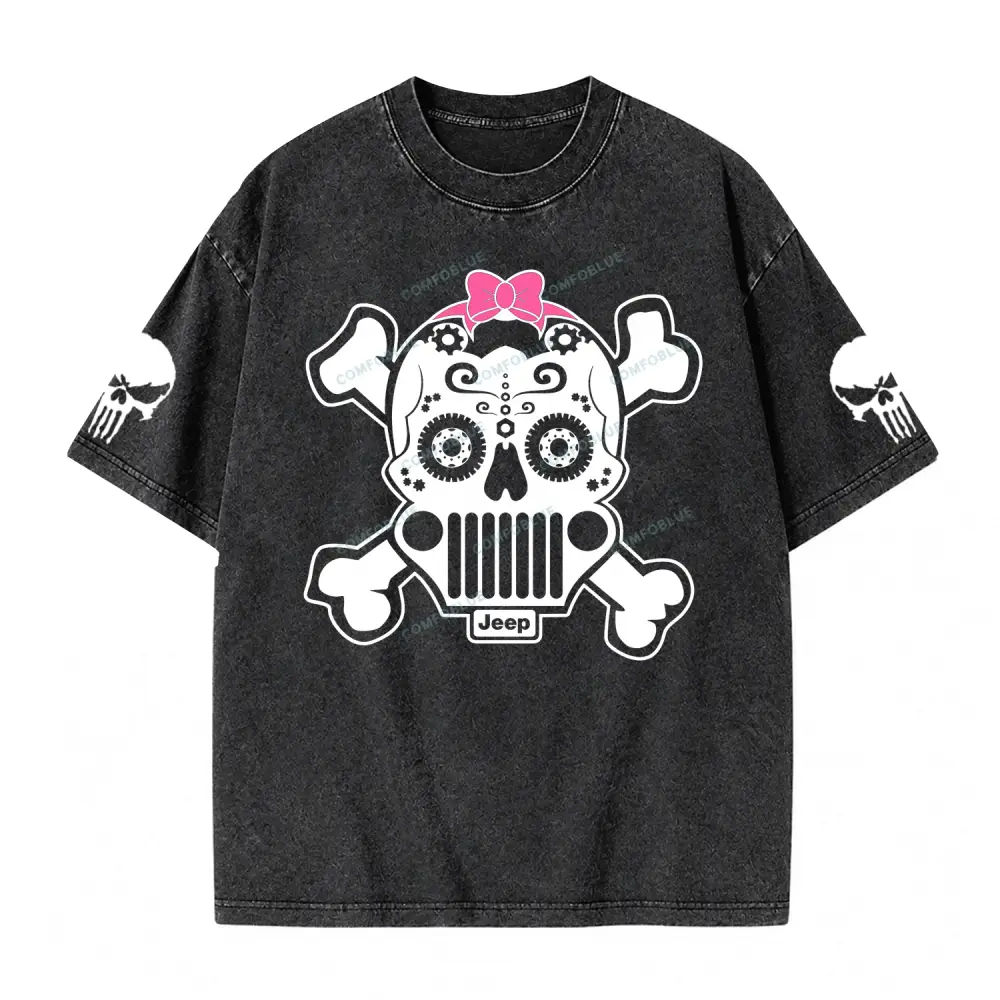 Jp Sugar Skull Pink Butterfly Bow Washed T-Shirt