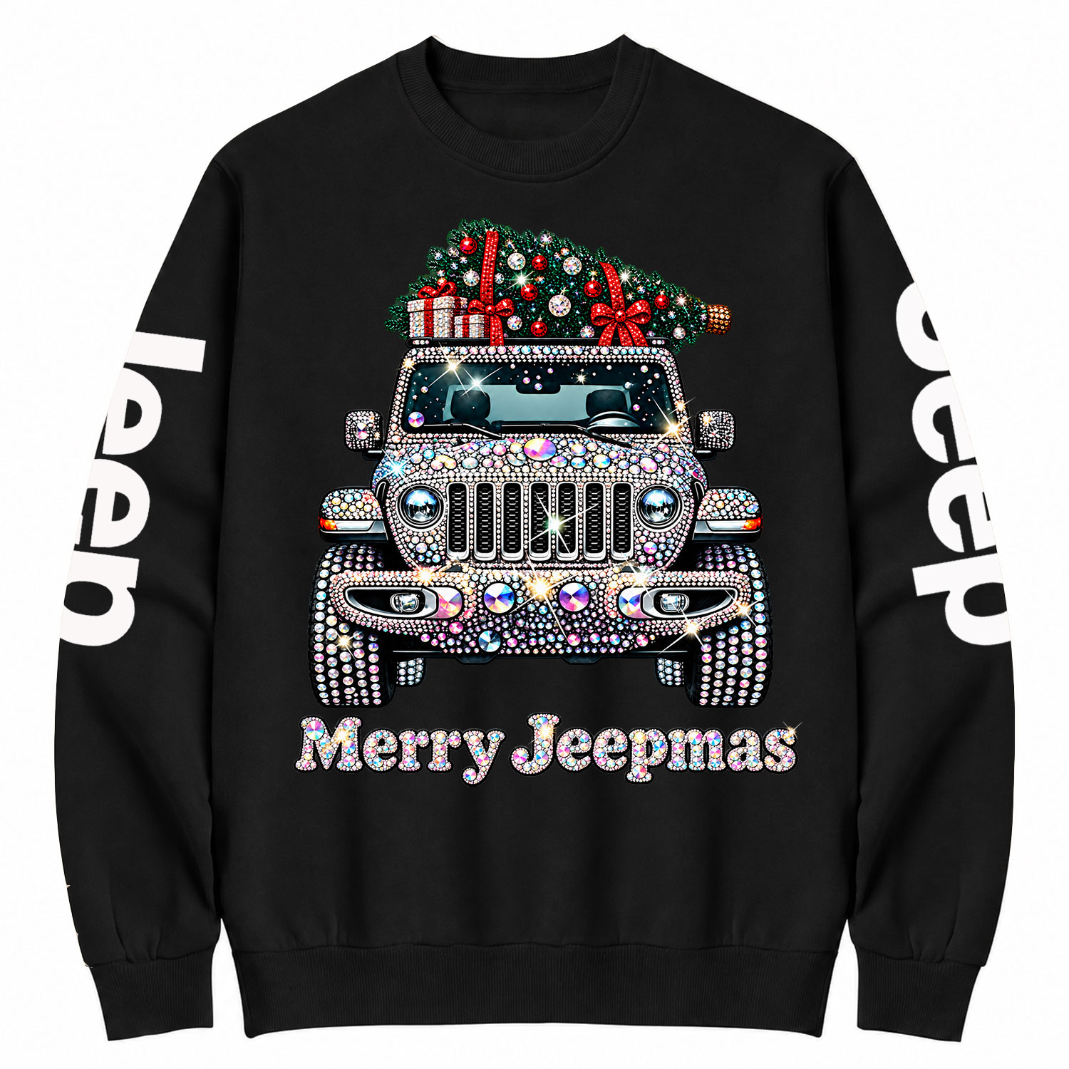 Bling Rhinestone Merry Jeepmas Christmas Tree Cotton Sweatshirt