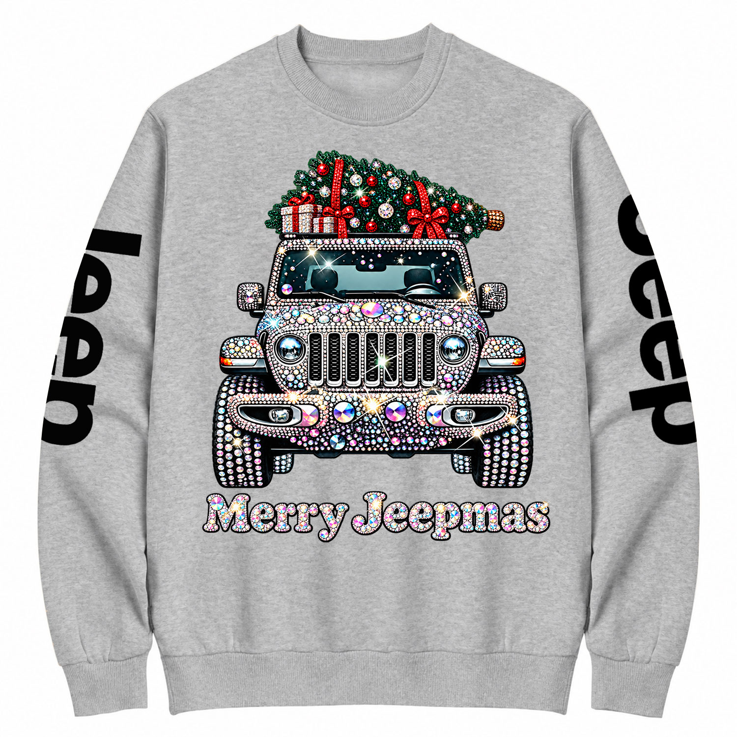 Bling Rhinestone Merry Jeepmas Christmas Tree Cotton Sweatshirt