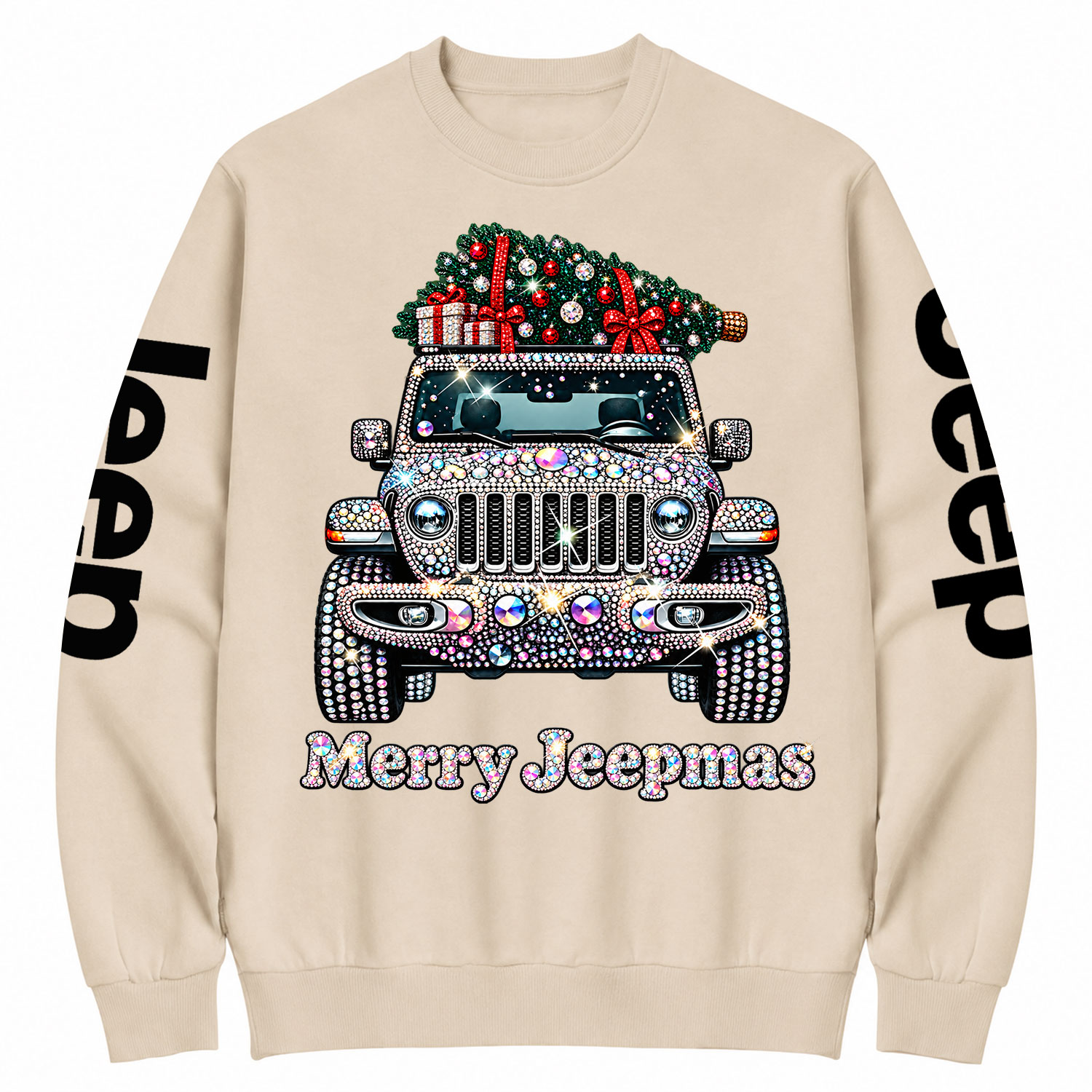 Bling Rhinestone Merry Jeepmas Christmas Tree Cotton Sweatshirt