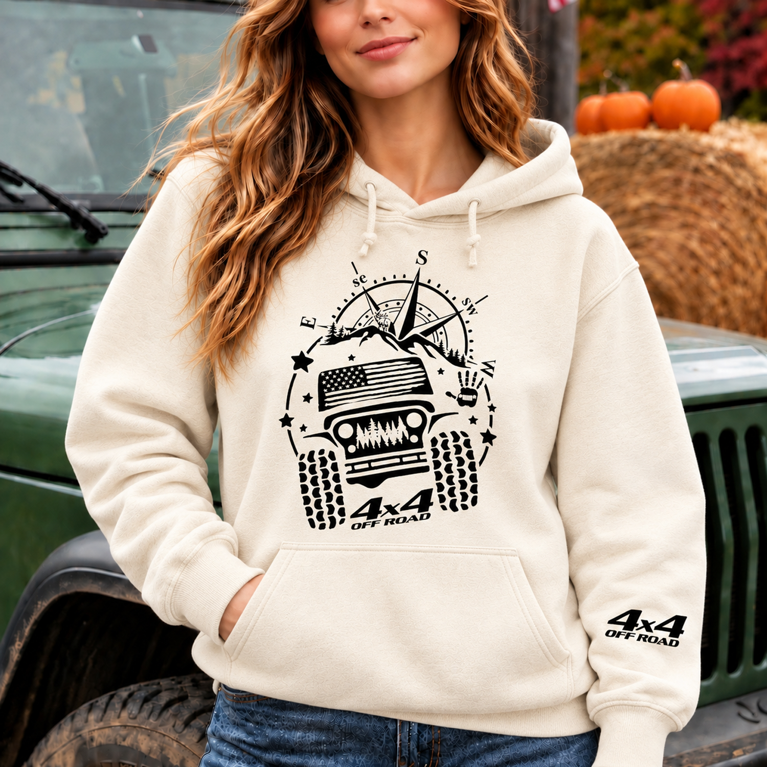 USA Flag Mountains Compass 4WD Offroad Unisex Casual Hoodie