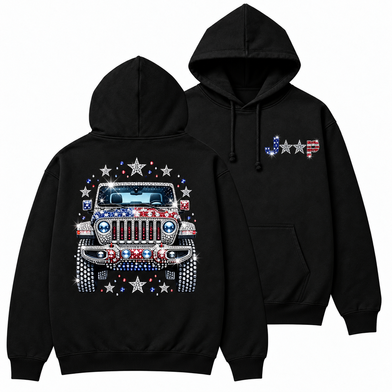 Patriotic Rhinestone Off-Road Star Graphic Cotton Hoodie