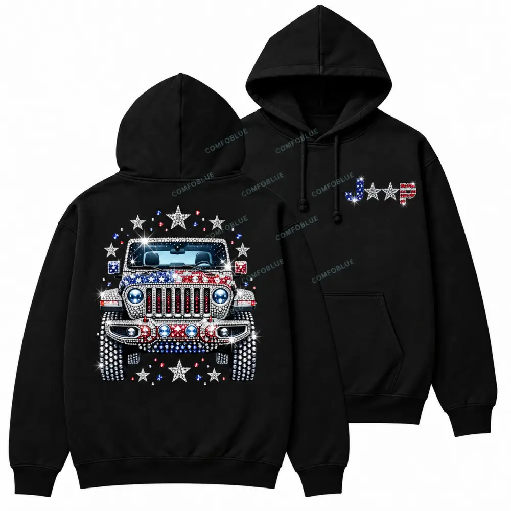 Patriotic Rhinestone Off-Road Star Graphic Cotton Hoodie
