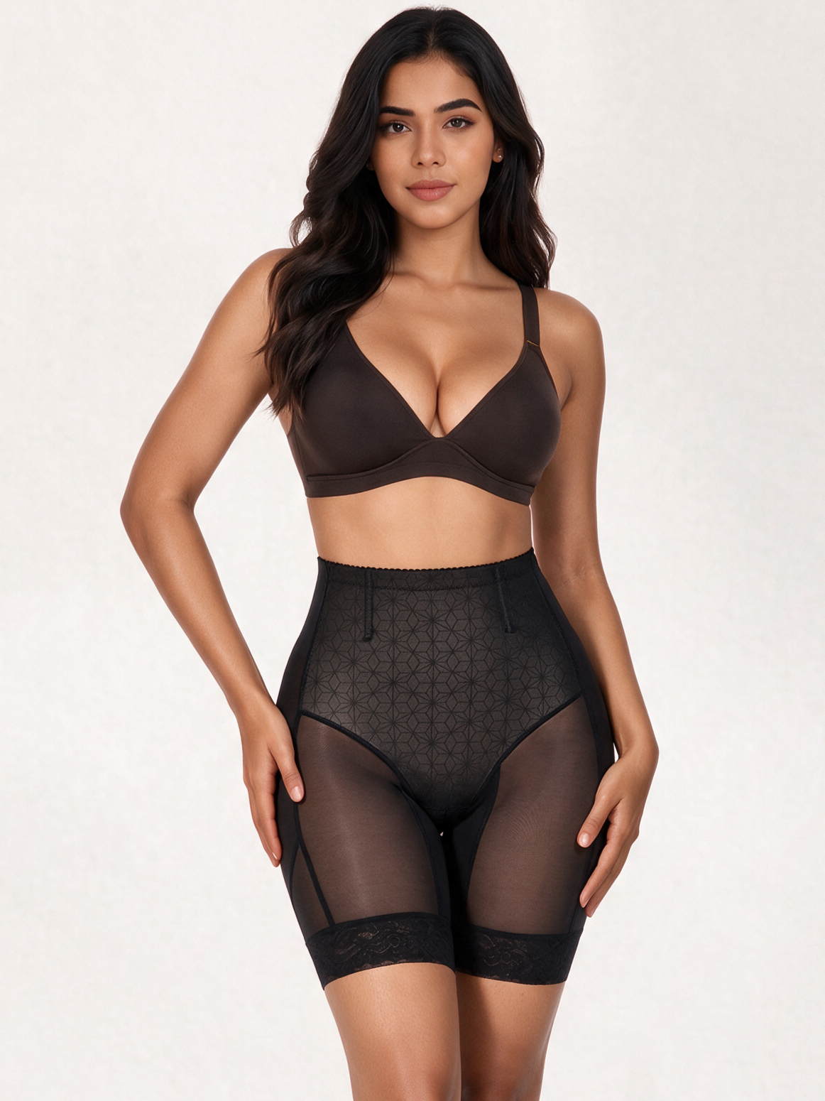 【DAGGLOSA】 High Waist Mesh Shapewear Shorts for Women, Double Tummy Control Butt Lifter Body Shaper, Anti-Roll Lace Hem Mid-Thigh Shaping Shorts