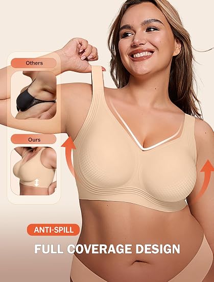 【DAGGLOSA】Full Coverage Wirefree Jelly Support Bra, Wide Adjustable Straps Plus Size Bra with Higher Side Wings