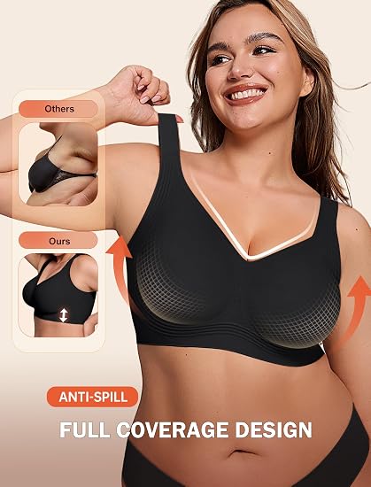 【DAGGLOSA】Full Coverage Wirefree Jelly Support Bra, Wide Adjustable Straps Plus Size Bra with Higher Side Wings