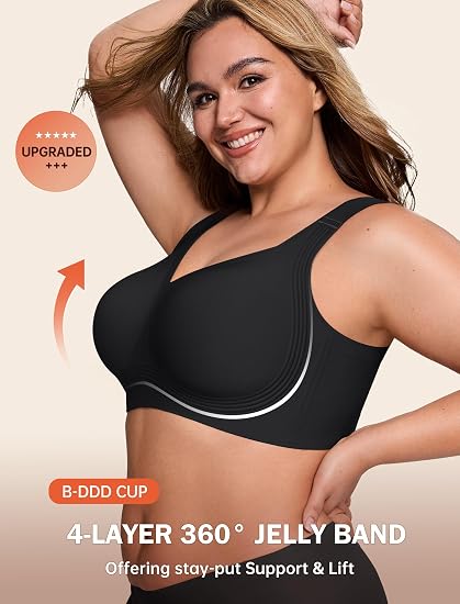 【DAGGLOSA】Full Coverage Wirefree Jelly Support Bra, Wide Adjustable Straps Plus Size Bra with Higher Side Wings