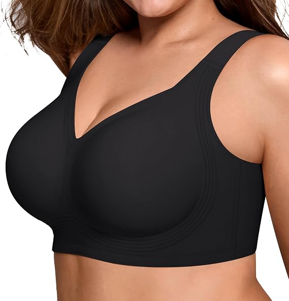 【DAGGLOSA】Full Coverage Wirefree Jelly Support Bra, Wide Adjustable Straps Plus Size Bra with Higher Side Wings