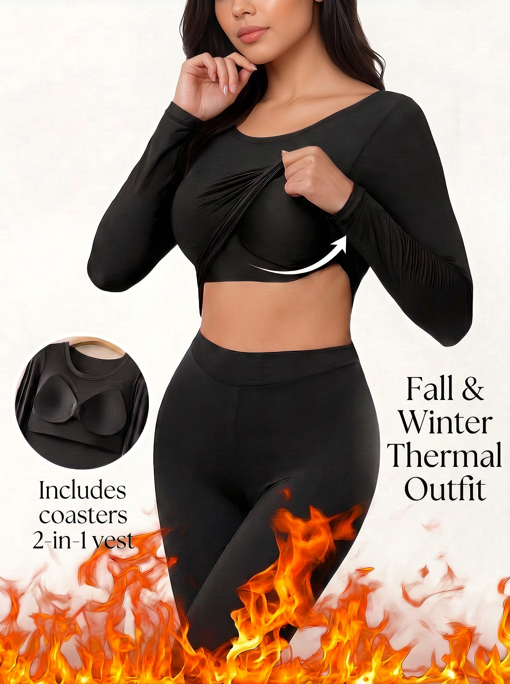 【DAGGLOSA】 Women Thermal Underwear Set with Built-in Bra Pads, 2-Piece High Waist Seamless Warm Base Layer Set for Fall Winter
