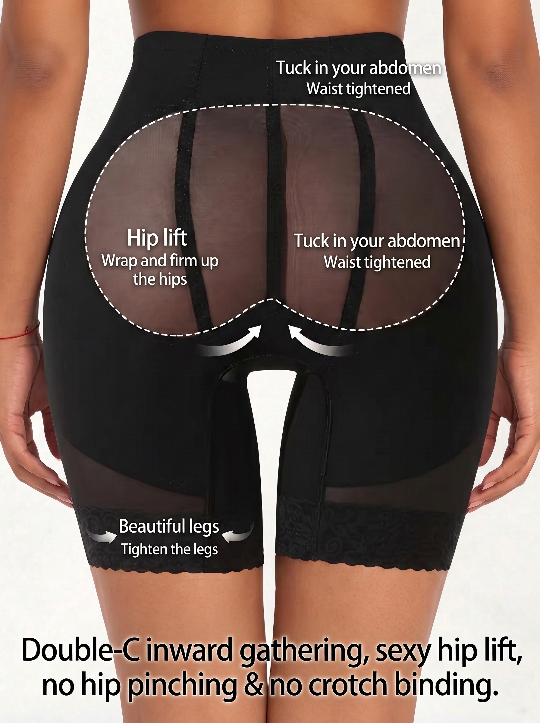 【DAGGLOSA】 High Waist Mesh Shapewear Shorts for Women, Double Tummy Control Butt Lifter Body Shaper, Anti-Roll Lace Hem Mid-Thigh Shaping Shorts