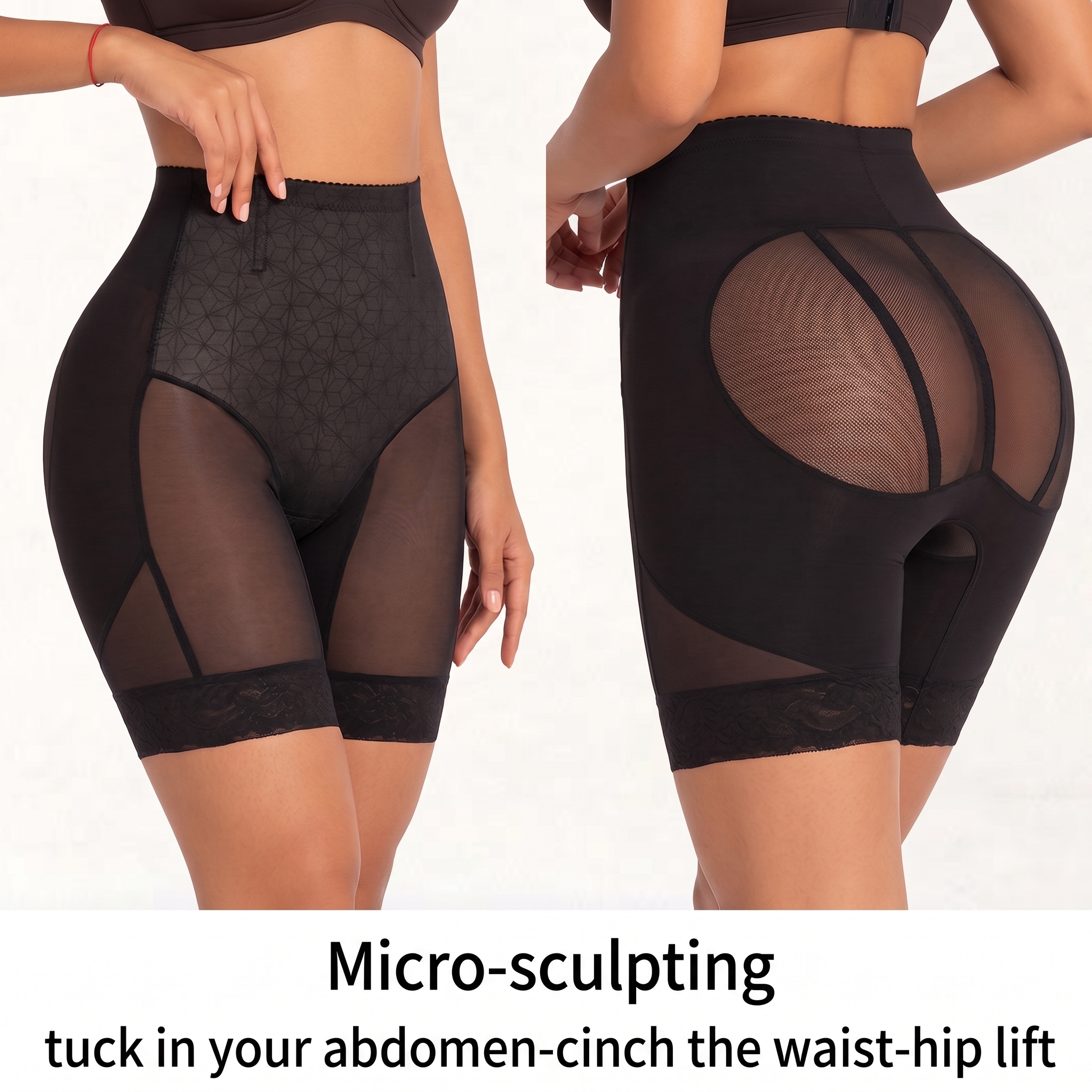 【DAGGLOSA】 High Waist Mesh Shapewear Shorts for Women, Double Tummy Control Butt Lifter Body Shaper, Anti-Roll Lace Hem Mid-Thigh Shaping Shorts