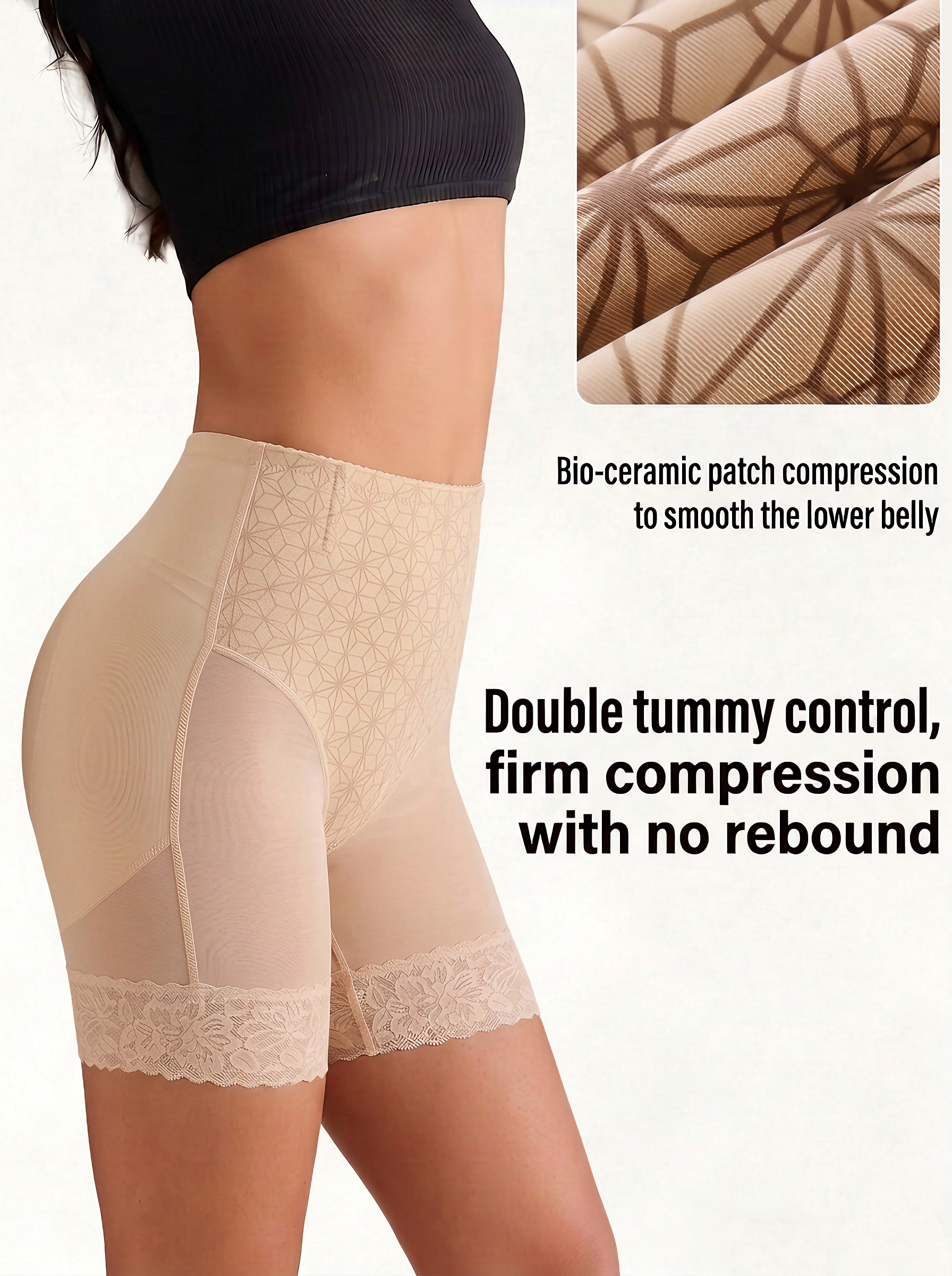 【DAGGLOSA】 High Waist Mesh Shapewear Shorts for Women, Double Tummy Control Butt Lifter Body Shaper, Anti-Roll Lace Hem Mid-Thigh Shaping Shorts