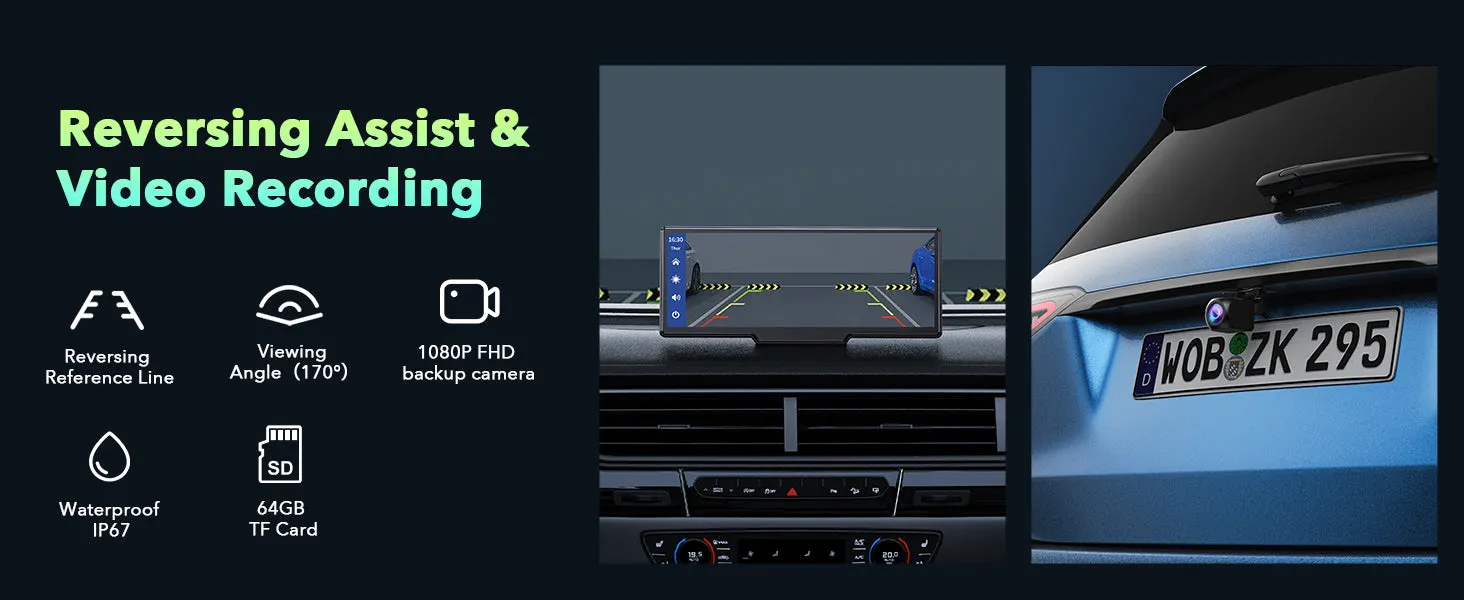 9.26" Wireless Car Stereo Apple Carplay with 2.5K Dash Cam, 1080P Backup Camera, GPS Navigation, Bluetooth, AirPlay, AUX/FM, Siri