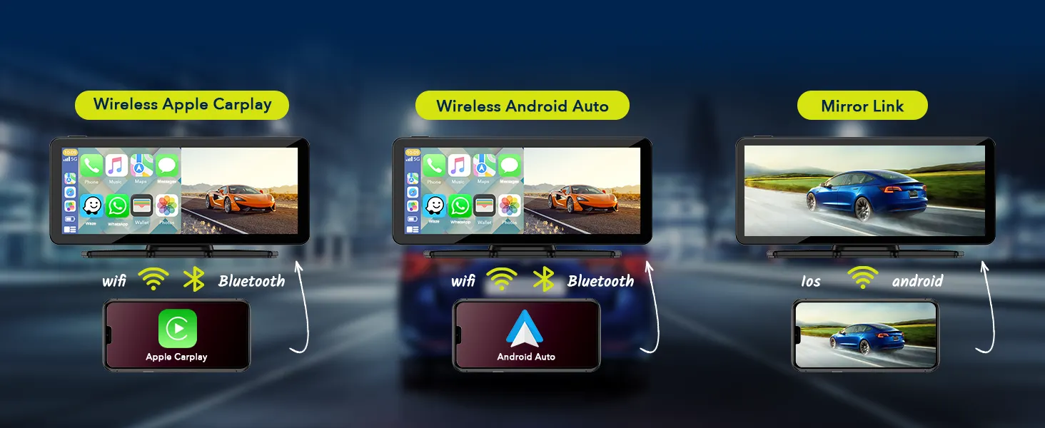 6.86" Portable Wireless Car Stereo Receiver Carplay & Android Auto Screen with 2.5K Dash Cam, 1080P Backup Camera, 64GB SD Card, GPS Navigation, AirPlay, AUX/FM, Googel, Siri