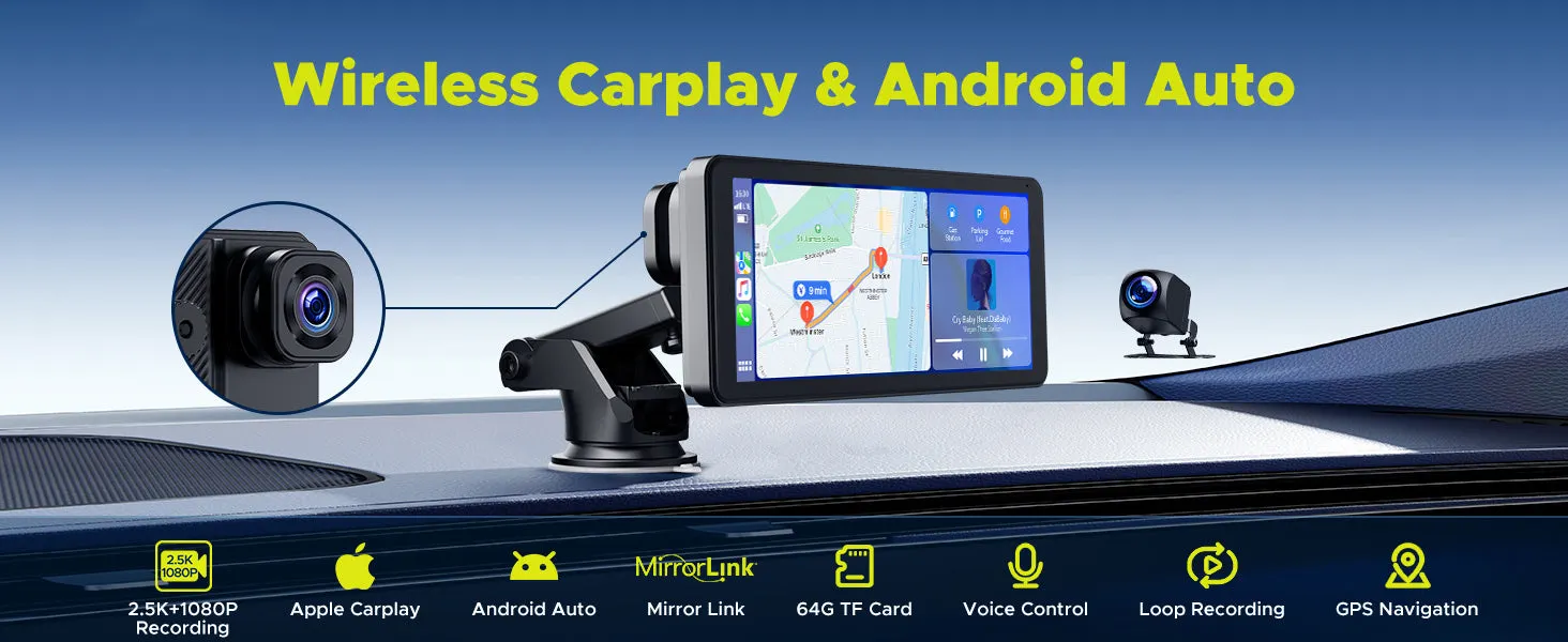6.86" Portable Wireless Car Stereo Receiver Carplay & Android Auto Screen with 2.5K Dash Cam, 1080P Backup Camera, 64GB SD Card, GPS Navigation, AirPlay, AUX/FM, Googel, Siri