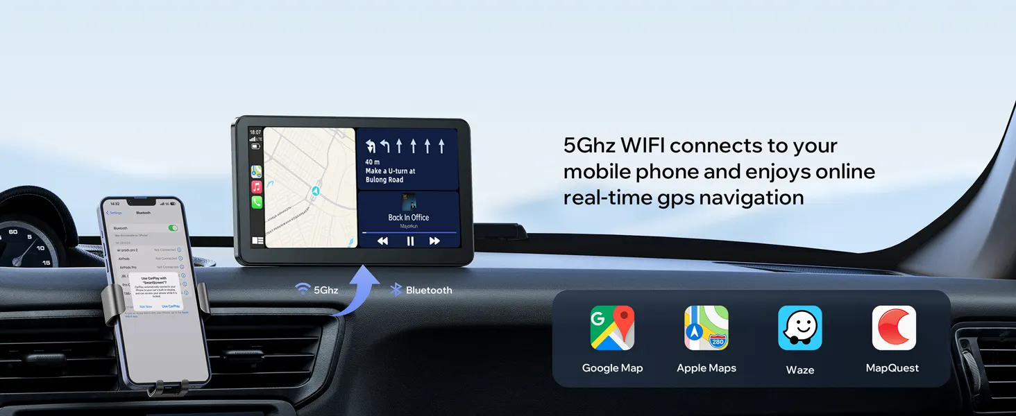 7" HD Wireless Car Stereo with Apple Carplay and 1080P Backup Camera, Android Auto Adapter with GPS Navigation, Bluetooth,Airplay