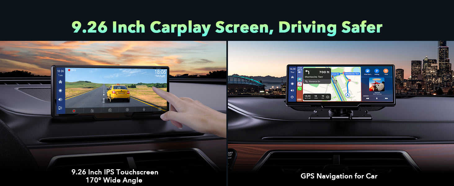 9.26" Wireless Car Stereo Apple Carplay with 2.5K Dash Cam, 1080P Backup Camera, GPS Navigation, Bluetooth, AirPlay, AUX/FM, Siri