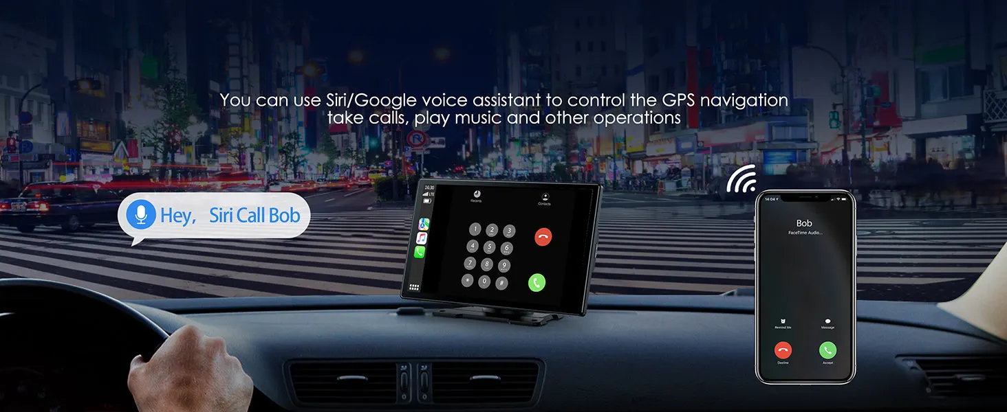 Portable 7 Inch Portable Wireless Car Stereo with Apple Carplay,1080P Reverse Camera, GPS Navigation, Airplay,Android Auto,Bluetooth,FM, Siri