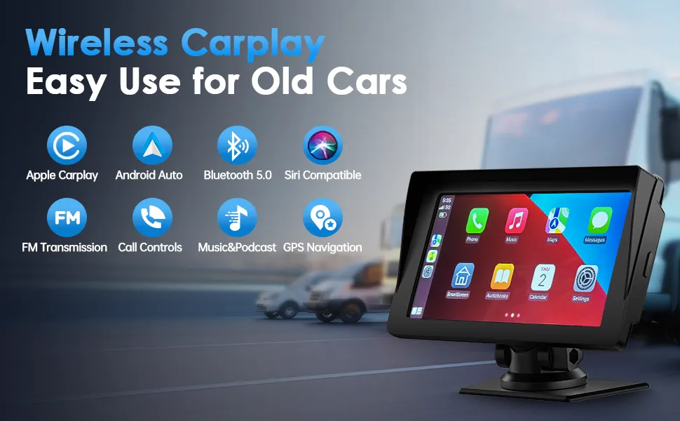 Portable 7 Inch Portable Wireless Car Stereo with Apple Carplay,1080P Reverse Camera, GPS Navigation, Airplay,Android Auto,Bluetooth,FM, Siri