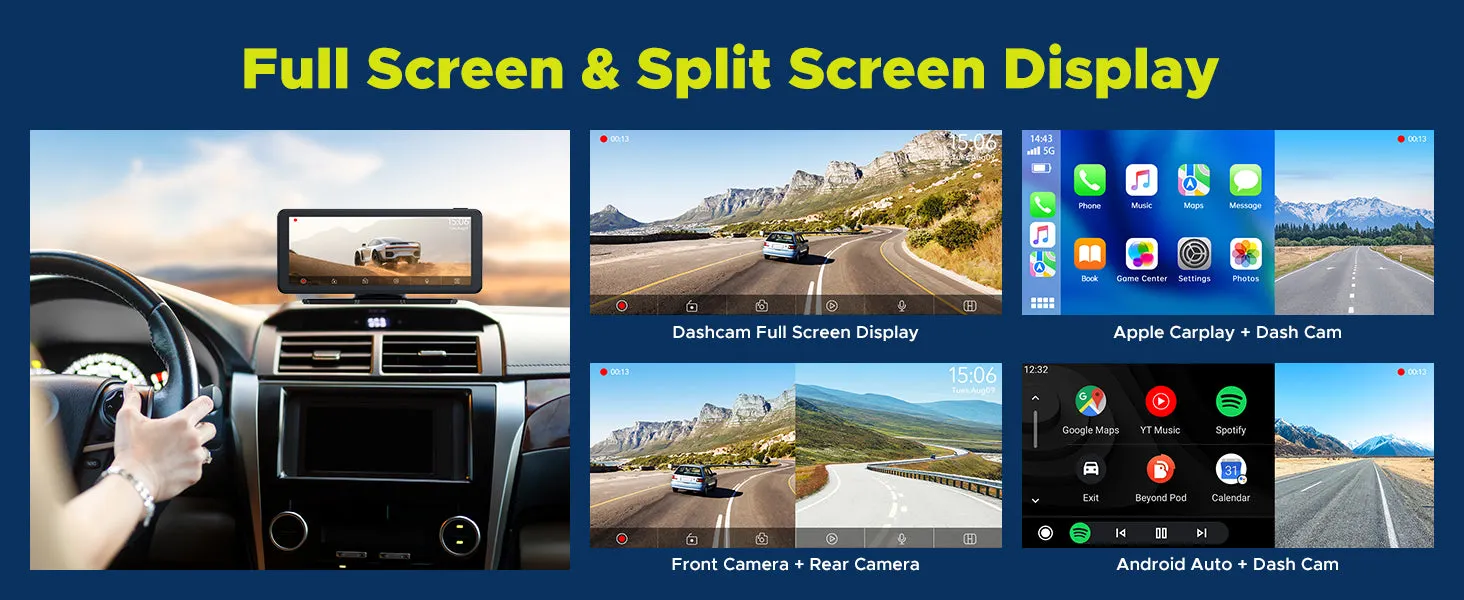 6.86" Portable Wireless Car Stereo Receiver Carplay & Android Auto Screen with 2.5K Dash Cam, 1080P Backup Camera, 64GB SD Card, GPS Navigation, AirPlay, AUX/FM, Googel, Siri