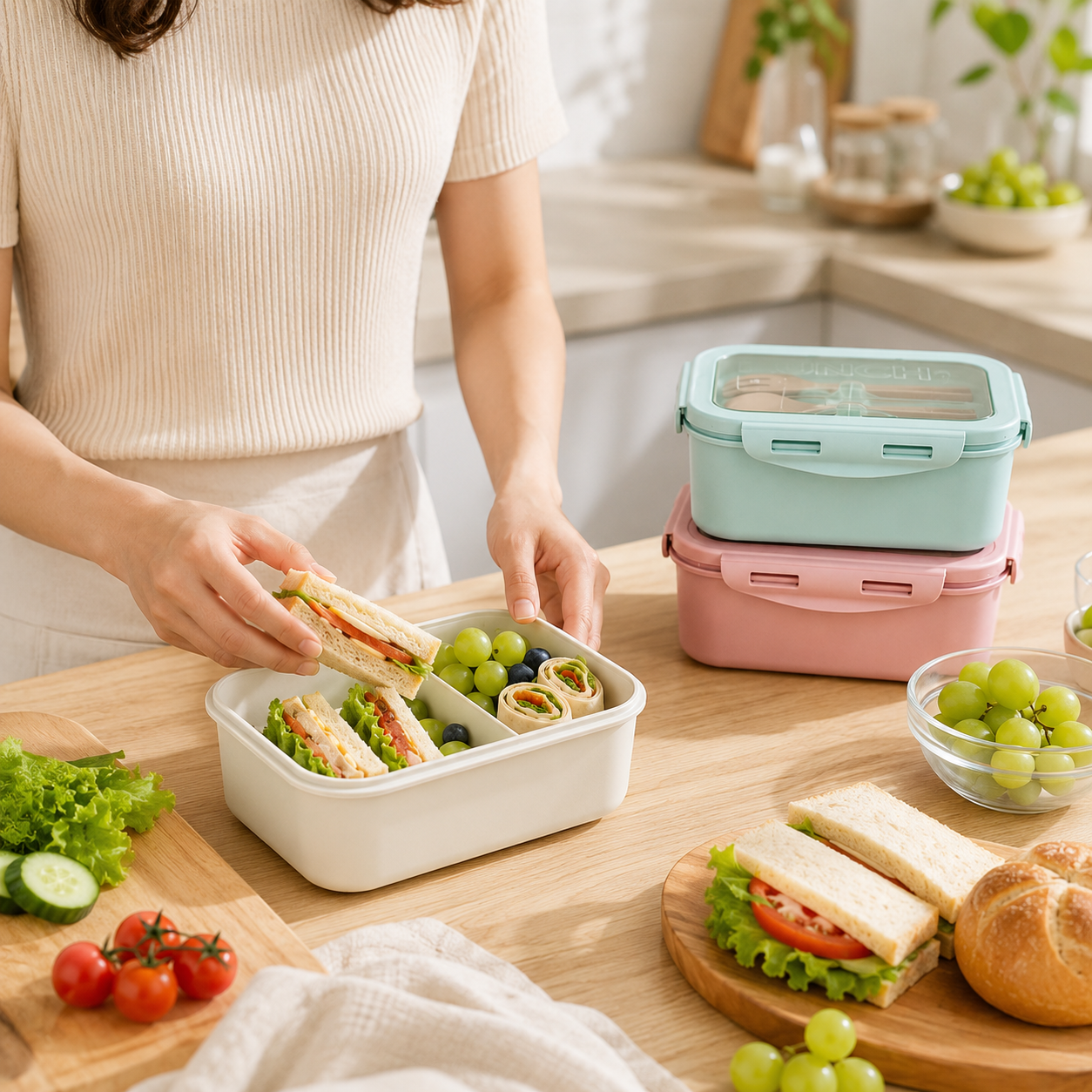 Lunchbox aus Weizenstroh, Bento-Box für Schüler mit zwei Fächern, mikrowellengeeignet, Schnappverschluss, für Lebensmittel und Geschirr.