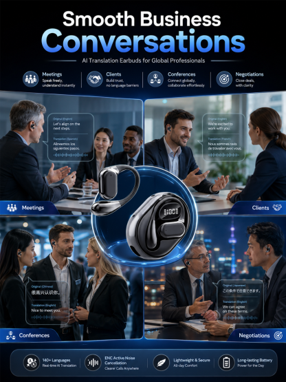 140 Languages AI Real-Time Translation Open Ear Wireless Earbuds | ENC Noise Reduction Translator Headset