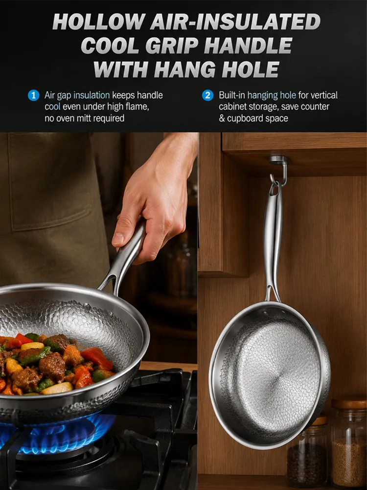 Handcrafted with countless hammer blows. Say goodbye to frequent wok replacements, buy one, use it for a lifetime!