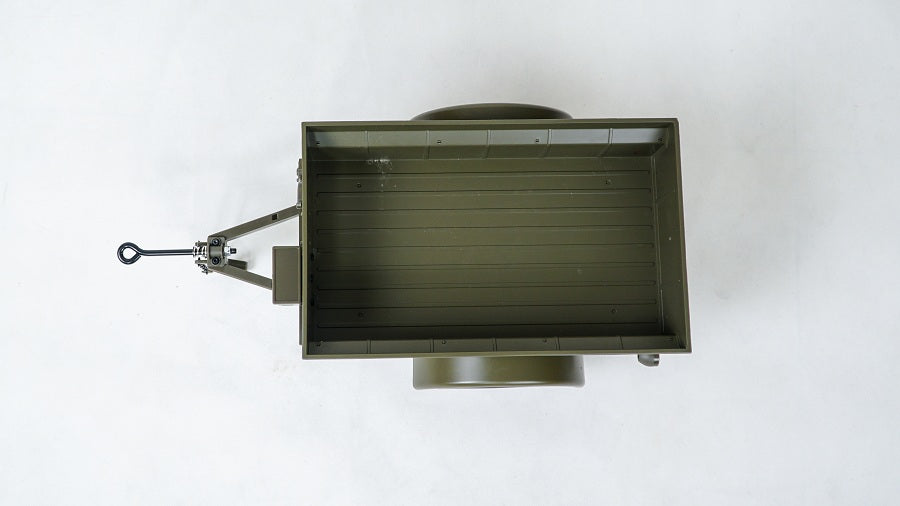 Top view of 1:6 scale military green trailer for RC car, detailed interior design