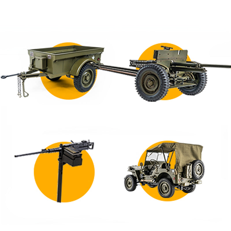 1:6 scale military trailer, jeep model, and machine gun for RC enthusiasts