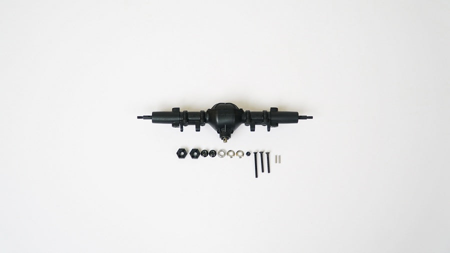 1:6 scale rear axle assembly for RC vehicles with parts and screws