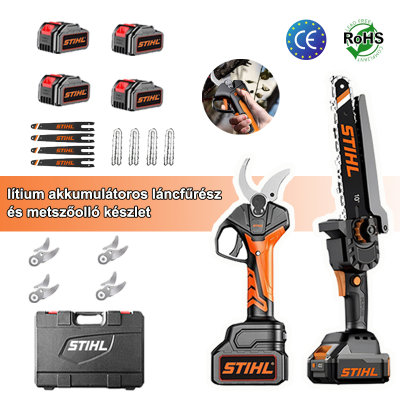STIHL 10 hüvelykes, 15000 W-os, kefe nélküli lítium-ion akkumulátoros láncfűrész és metszőolló készl