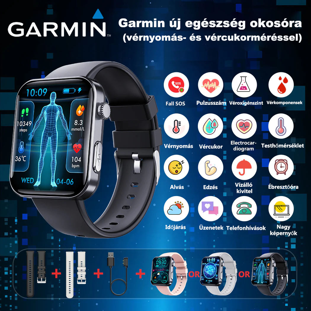 GARMIN AI egészségfigyelő okosóra ⌚️ 2026-os új frissítés! EKG + PPG intelligens mérés – vércukor, vérzsír és húgysav egy órában 🏃‍♂️