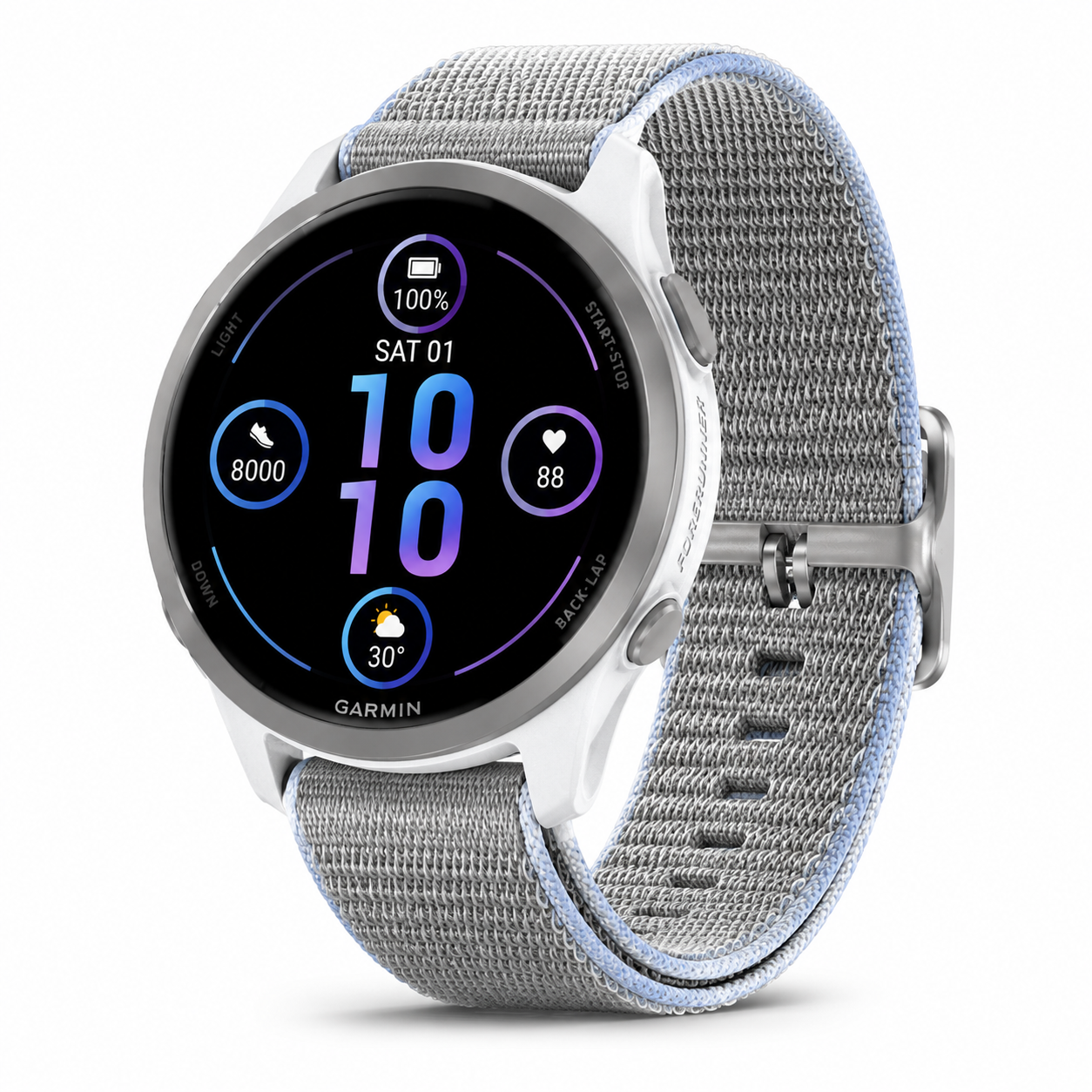GARMIN | Nagy felbontású AMOLED kijelzővel és könnyű, hordozható kialakítással rendelkezik; átfogó adatelemzési képességeket kínál – beleértve a pulzusszám-variabilitás (HRV) monitorozását, több mint 80 vezetett edzést, valamint biztonsági és követési fun
