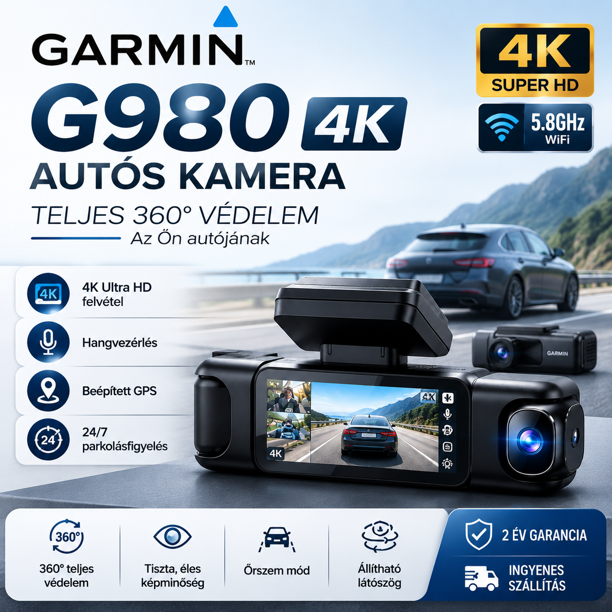 🚗 GARMIN G980 autós kamera mesterséges intelligenciával és hangvezérléssel, négykamerás rendszerrel, 360°-os panorámanézettel, 4K ultra HD éjszakai látással és GPS követéssel felszerelve.