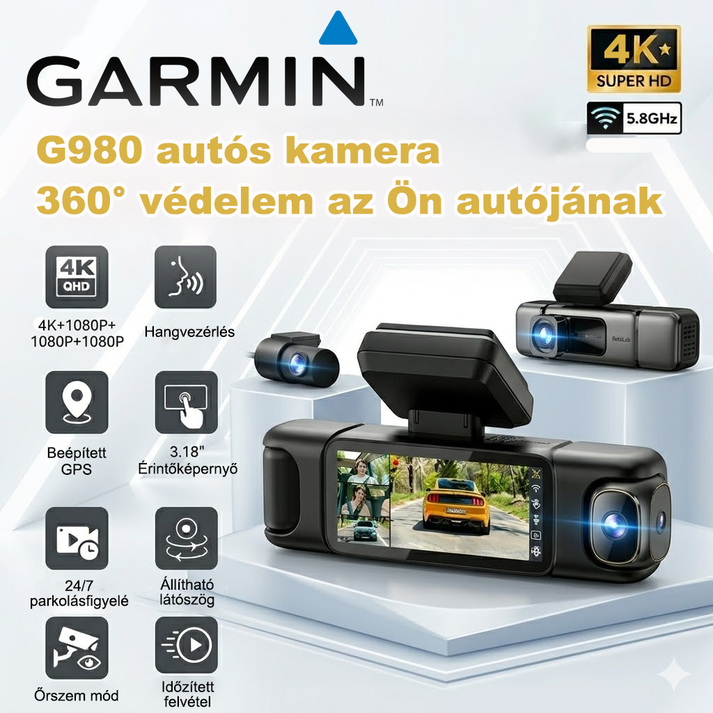 🚗 Garmin G980 autós kamera mesterséges intelligenciával és hangvezérléssel, négykamerás rendszerrel, 360°-os panorámanézettel, 4K ultra HD éjszakai látással és GPS követéssel felszerelve.