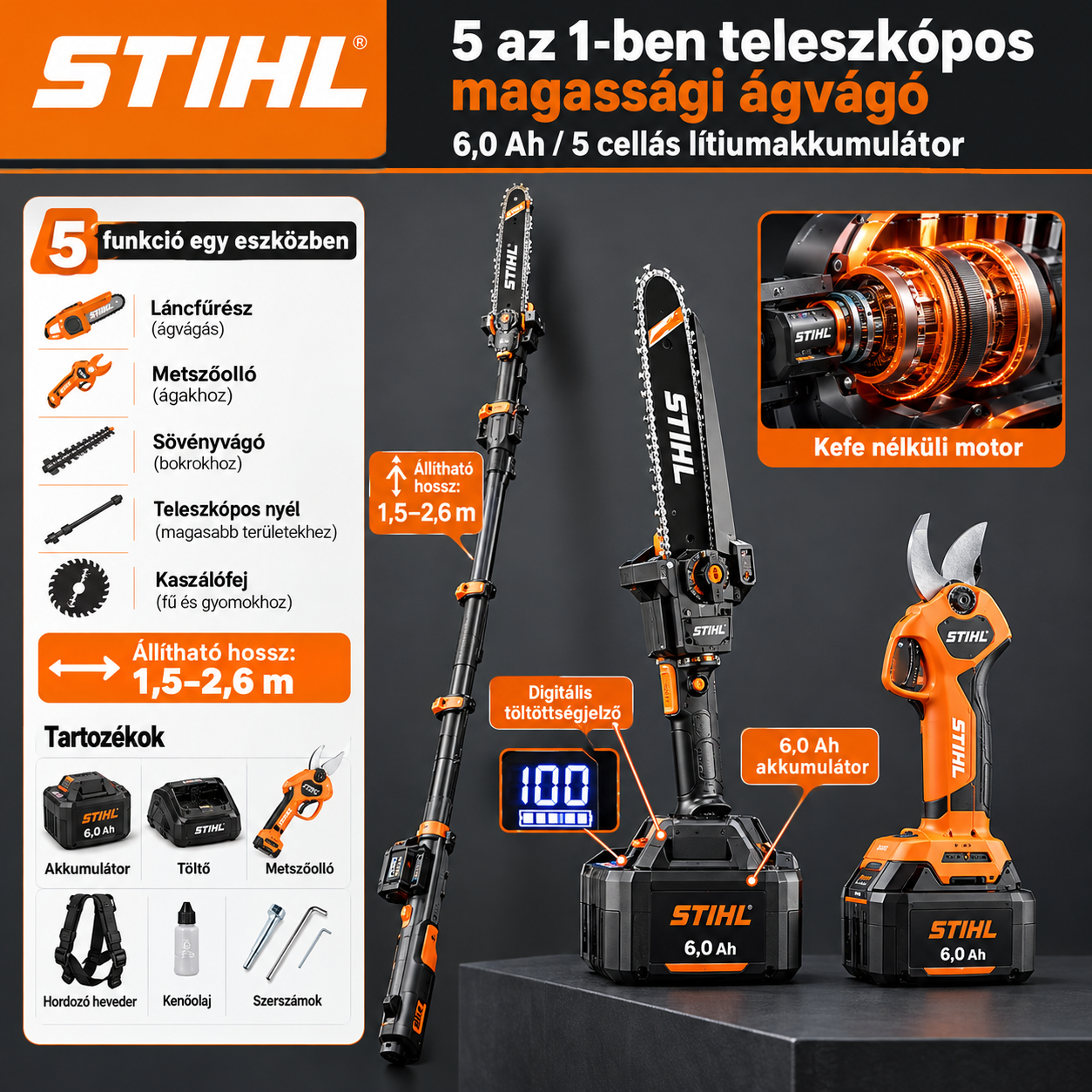 [Copy]STIHL 10 hüvelykes, 15000 W-os, kefe nélküli lítium-ion akkumulátoros láncfűrész és metszőolló készl
