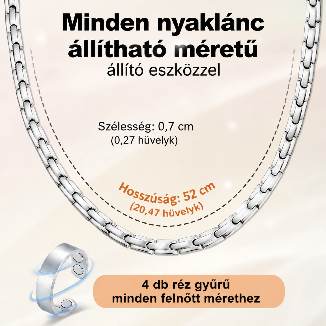 Vicmag™ – Prémium mágneses technológia a jobb közérzetért    46DB mágneses erősség, prémium rozsdamentes acél, kényelmes viselet és modern wellness támogatás egyetlen elegáns nyakláncban.
