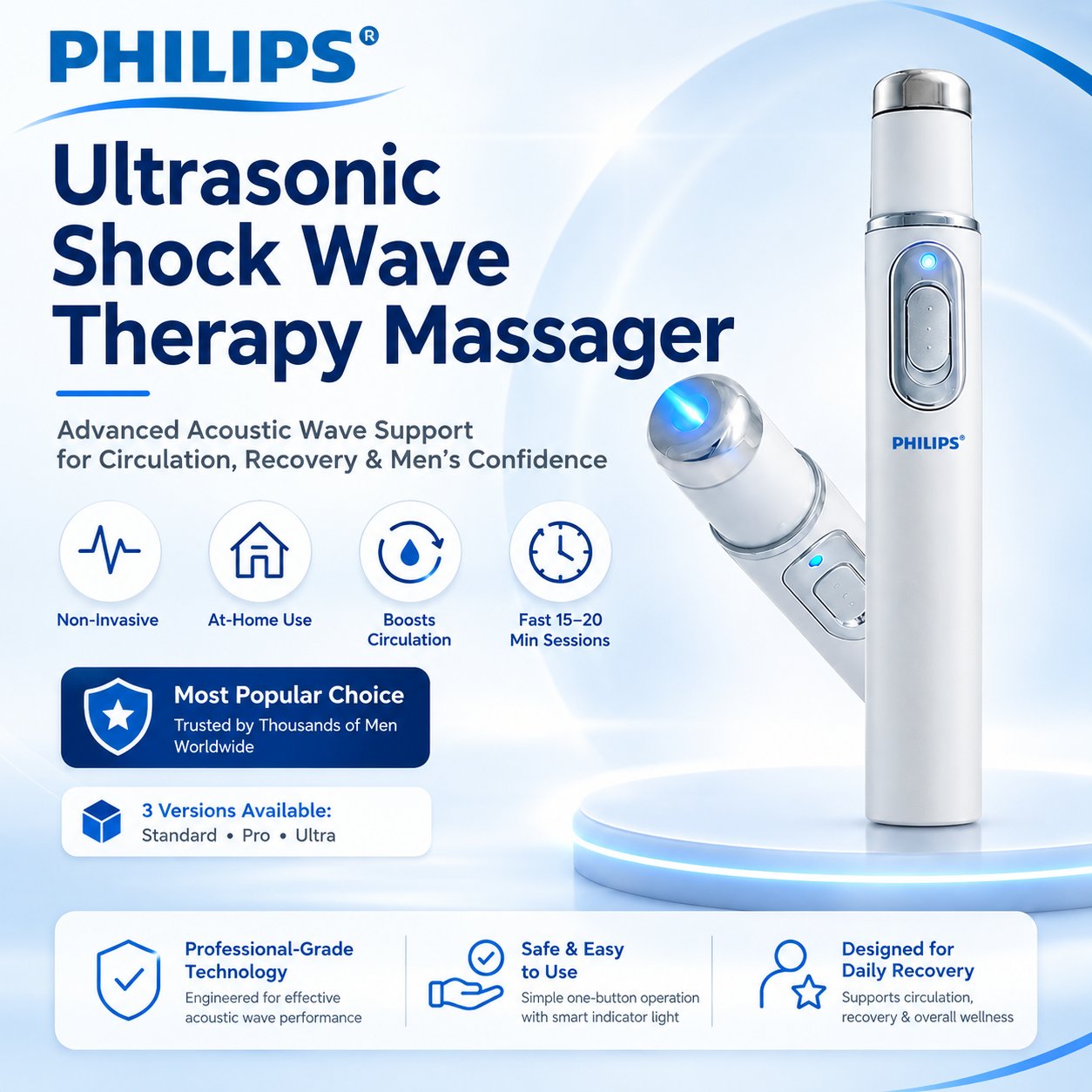 PHILIPS® akusztikus lökéshullám-technológia  💙 A fejlett Philips® akusztikus lökéshullám-technológia segíthet támogatni a péniszszövetek egészségét, a merevedési funkciót, a teljesítményt és a férfi önbizalmat, miközben hozzájárulhat az 💪 izomfájdalom, 