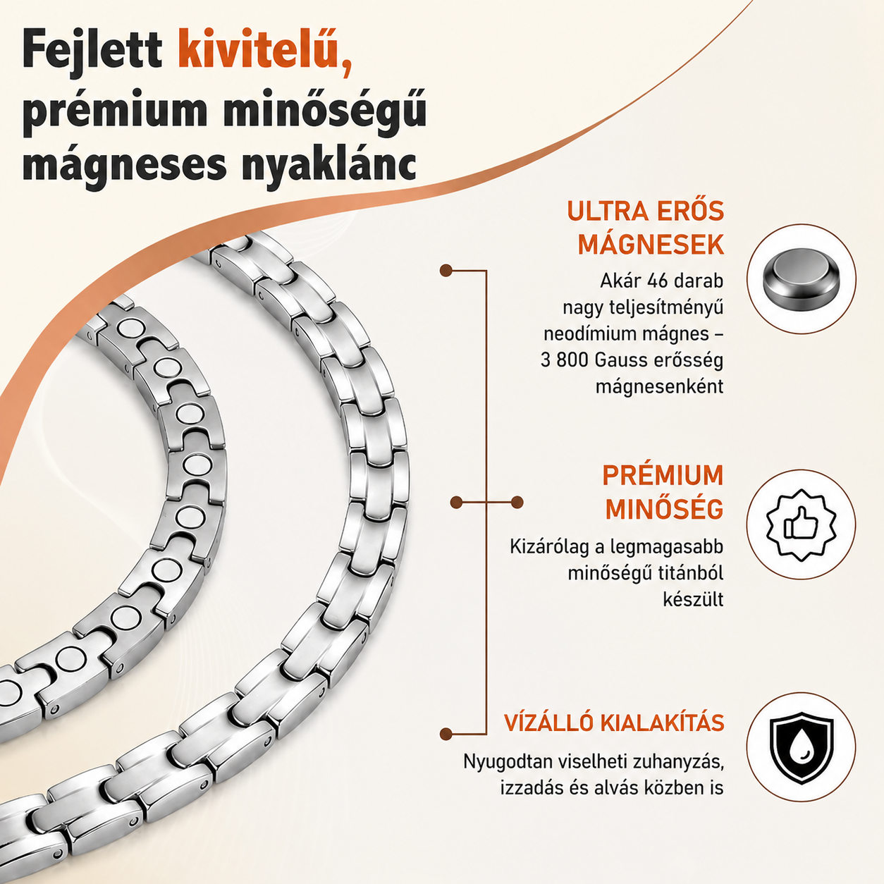 Vicmag™ – Prémium mágneses technológia a jobb közérzetért    46DB mágneses erősség, prémium rozsdamentes acél, kényelmes viselet és modern wellness támogatás egyetlen elegáns nyakláncban.
