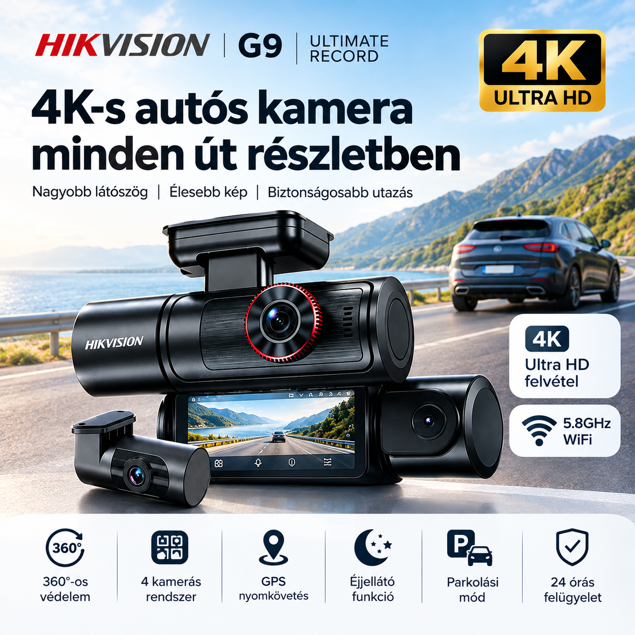Hikvision G9 4K UHD háromcsatornás autós menetrögzítő kamera GPS-szel, AI vezetéstámogatással és STARVIS 2 éjjellátással
