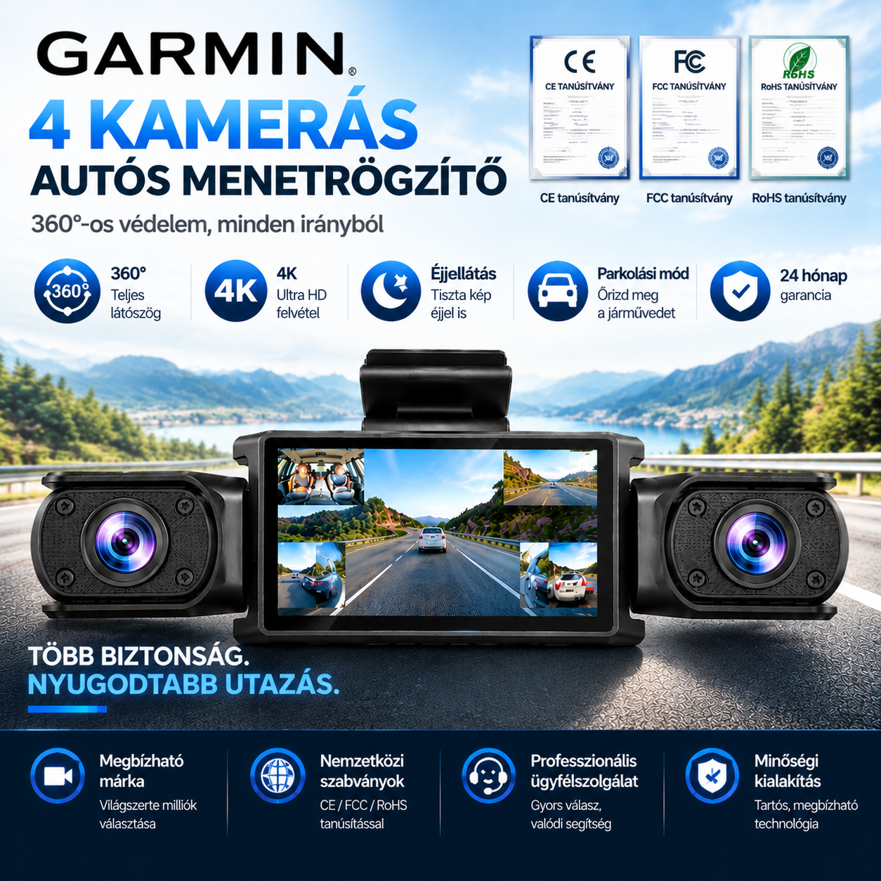 Garmin D6 4 kamerás autós menetrögzítő kamera, 360°-os látószög, 4 csatornás felvétel, 1 TB memóriakártya-támogatás, éjjellátás, parkolási mód