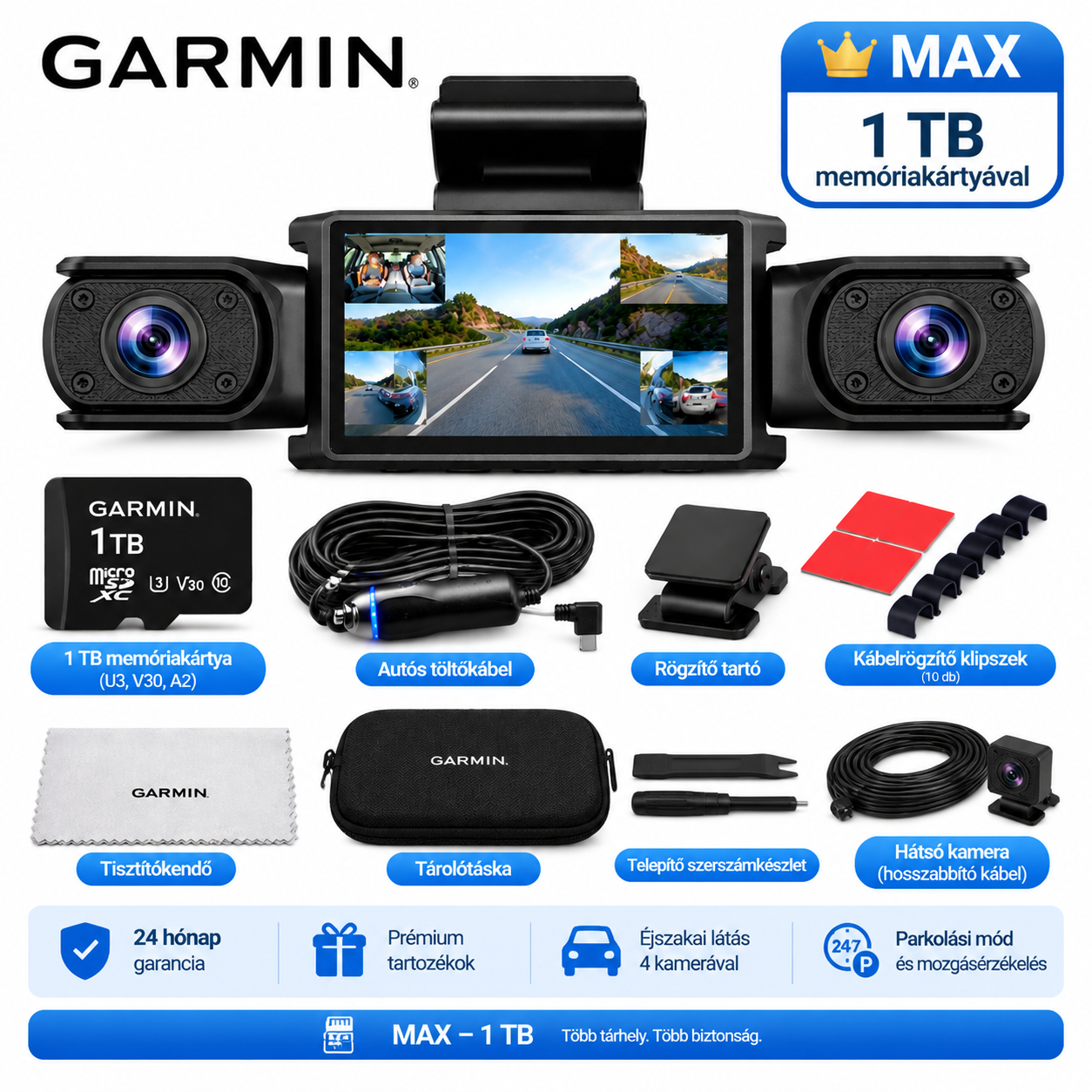 Garmin D6 4 kamerás autós menetrögzítő kamera, 360°-os látószög, 4 csatornás felvétel, 1 TB memóriakártya-támogatás, éjjellátás, parkolási mód