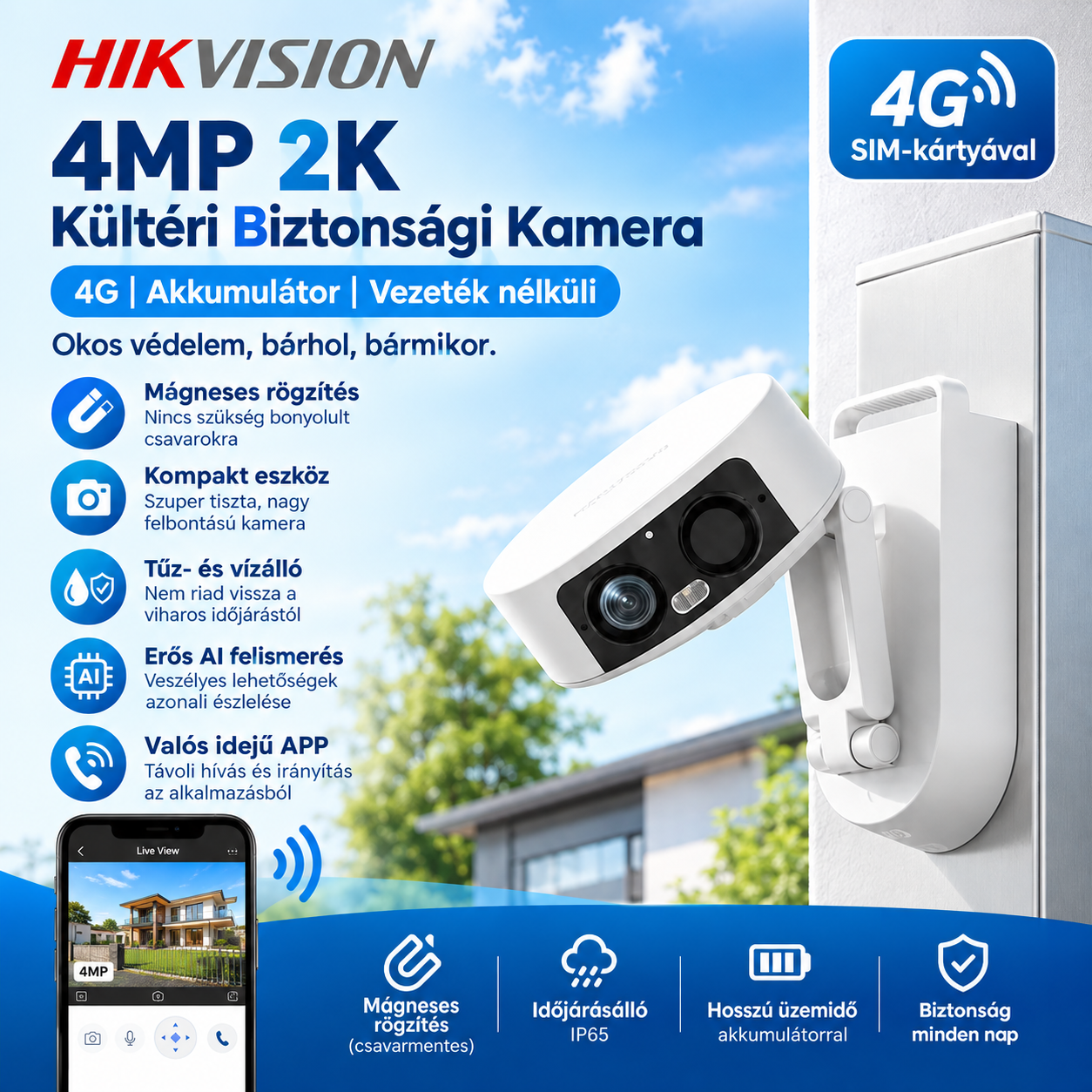 Hikvision 4MP 2K vezeték nélküli kültéri biztonsági kamera, 4G SIM-kártyával, akkumulátorral, színes éjjellátással és intelligens mozgásérzékeléssel