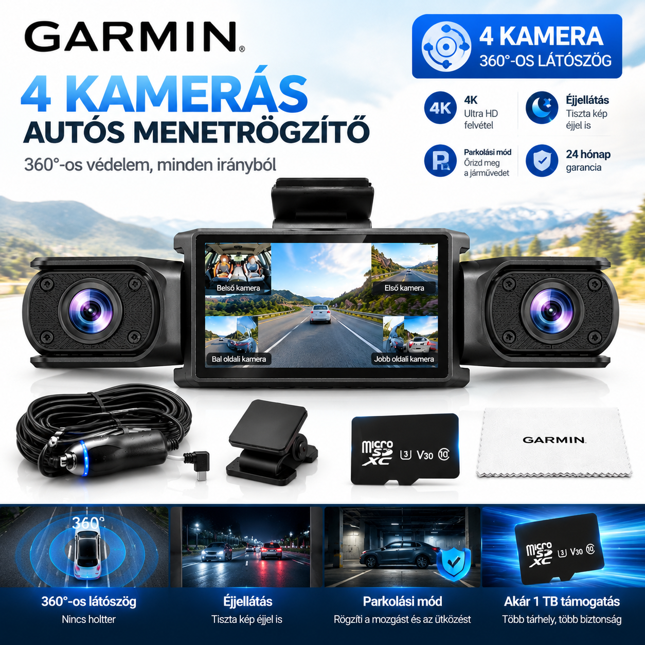 Garmin D6 4 kamerás autós menetrögzítő kamera, 360°-os látószög, 4 csatornás felvétel, 1 TB memóriakártya-támogatás, éjjellátás, parkolási mód